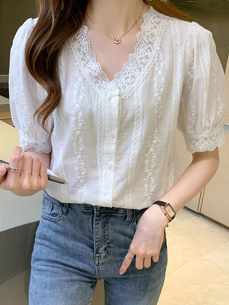 Women Lace V-Neck Blouse Shirt