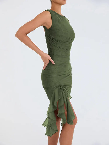 Backless Sleeveless Irregular Club Ruffle Ruched Midi Party Sexy Dress