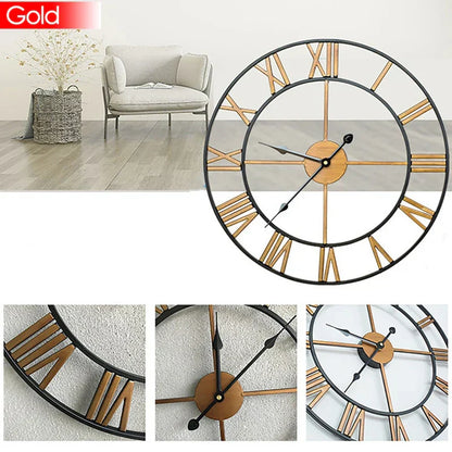 Modern 3D Large Retro Metal Wall Clock – Nordic Roman Numerals Design