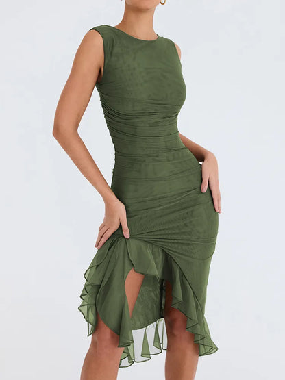 Backless Sleeveless Irregular Club Ruffle Ruched Midi Party Sexy Dress