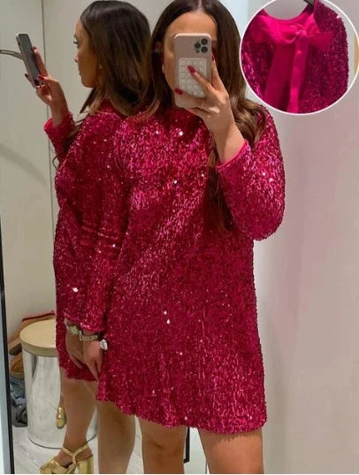 Women Chic Shiny Sequin Mini Dress Elegant Back Bowknot Slim Long Sleeve Dresses