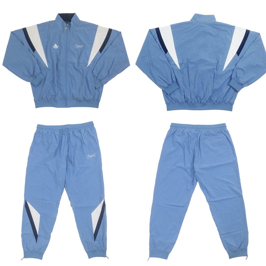Blue tracksuit with white and black accents on a white background
