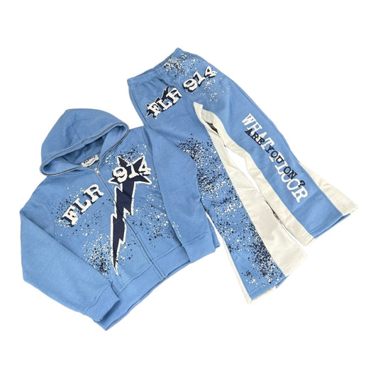 Blue hoodie and pants set with graphic designs on a white background