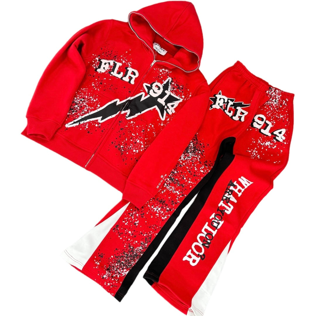 Red hoodie and pants set with visible branding on a white background