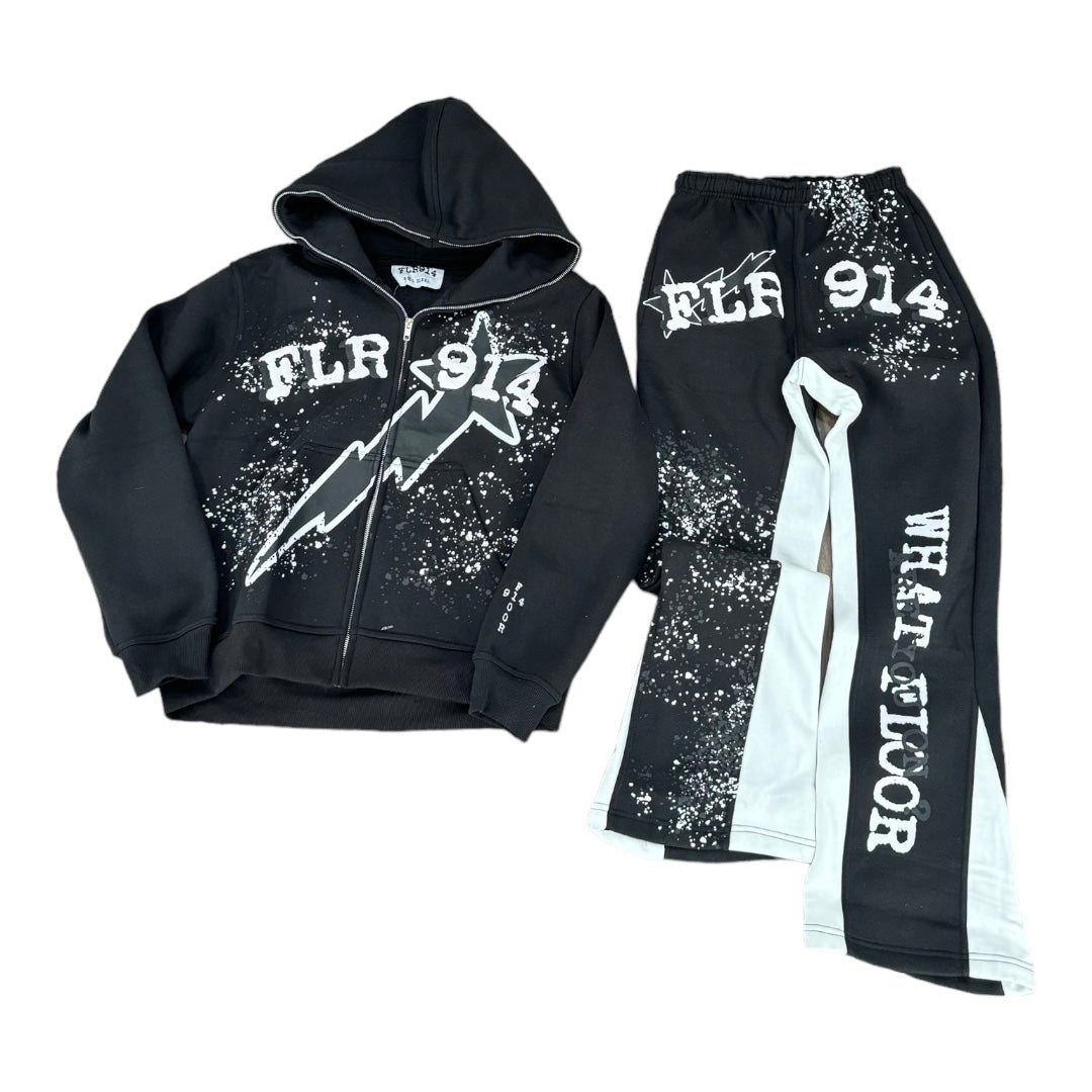 Black hoodie and pants set with 'FLR 914' branding on a white background