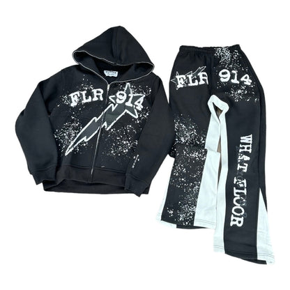 Black hoodie and pants set with 'FLR 914' branding on a white background