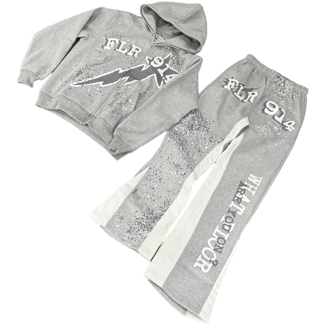 Gray hoodie and pants set with branding on a white background