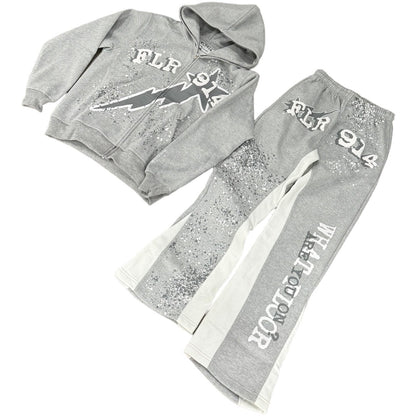 Gray hoodie and pants set with branding on a white background