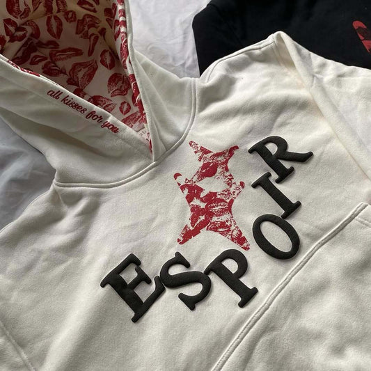 White hoodie with red and black design and 'Esper' text on a white background