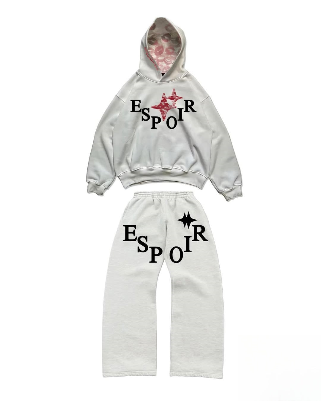 White hoodie and pants set with 'ESPOIR' branding on a white background