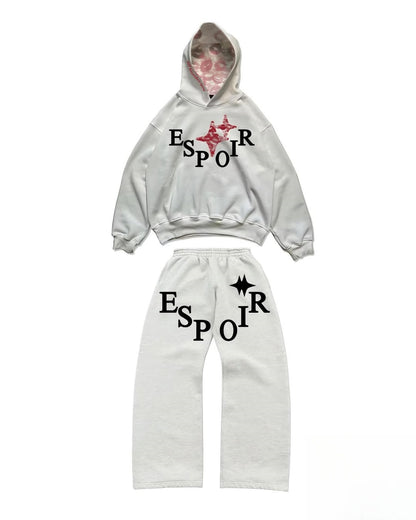 White hoodie and pants set with 'ESPOIR' branding on a white background