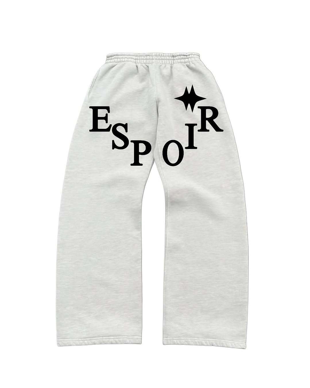 White sweatpants with 'ESPOIR' text and star design on a white background