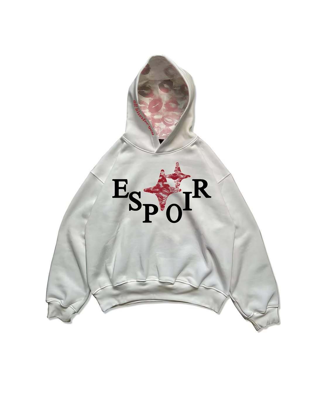 White hoodie with 'Espoir' text and star design on a white background