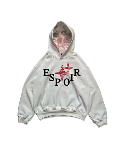 White hoodie with 'Espoir' text and star design on a white background
