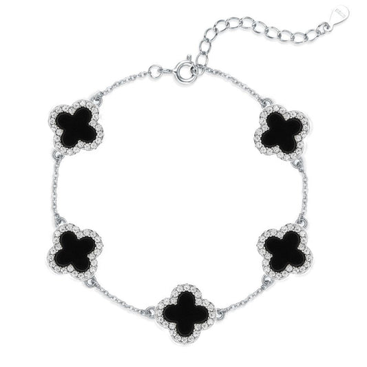 Premium Silver Iced Black Malachite Clover Bracelet