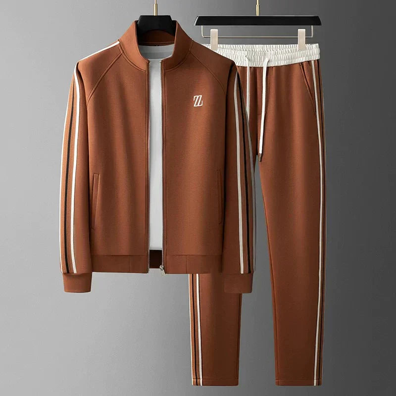 Brown tracksuit with white stripes on a gray background