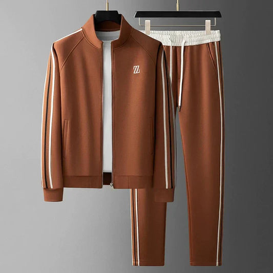 Brown tracksuit with white stripes on a gray background