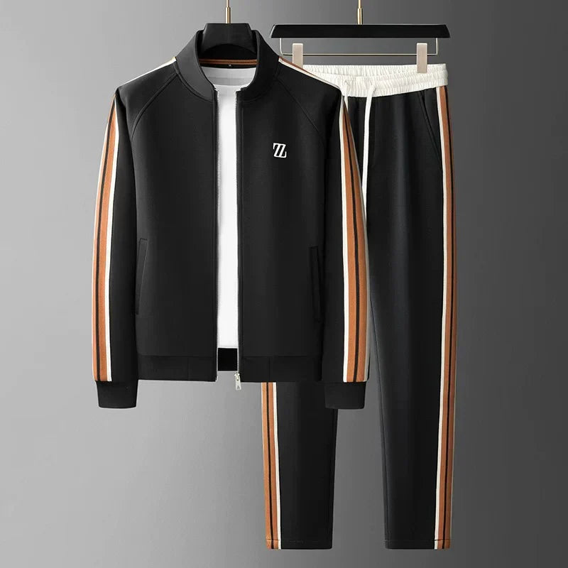Black tracksuit with striped sides on a gray background