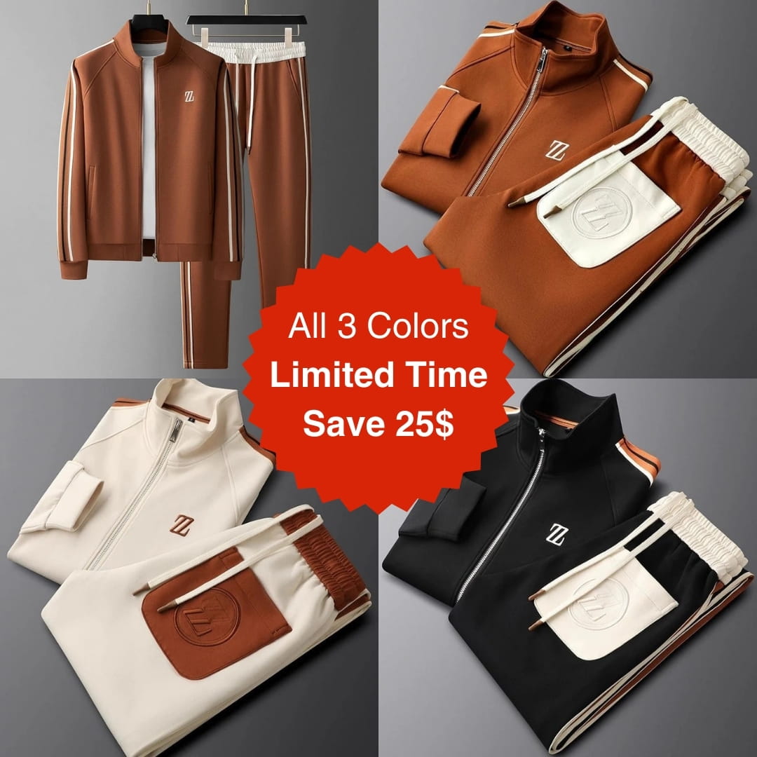 Collage of brown, white, and black outfits with a promotional offer on a gray background.