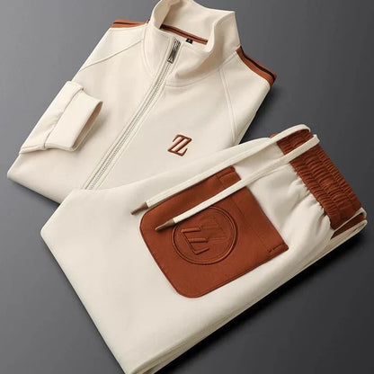 White jacket with brown accents and a logo on a gray background