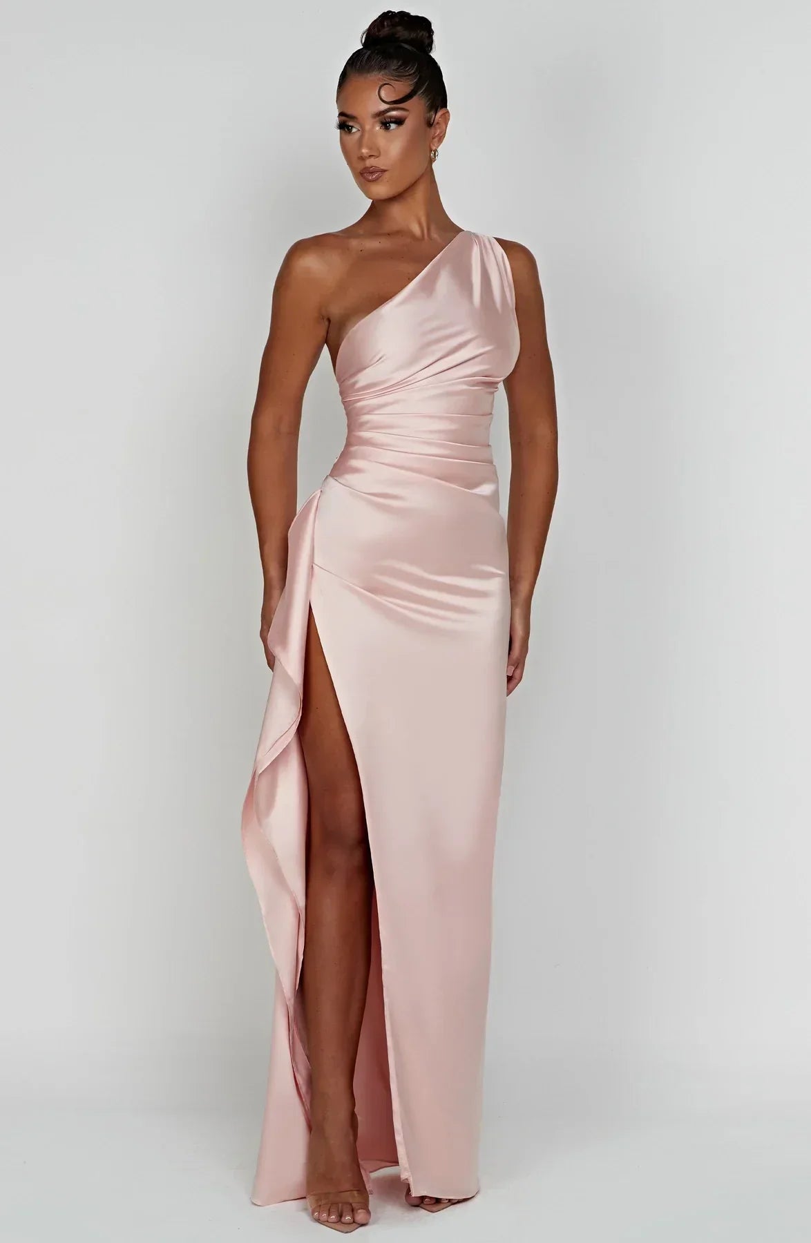 Amaris - One Shoulder Pleated Split Satin Dress For Women