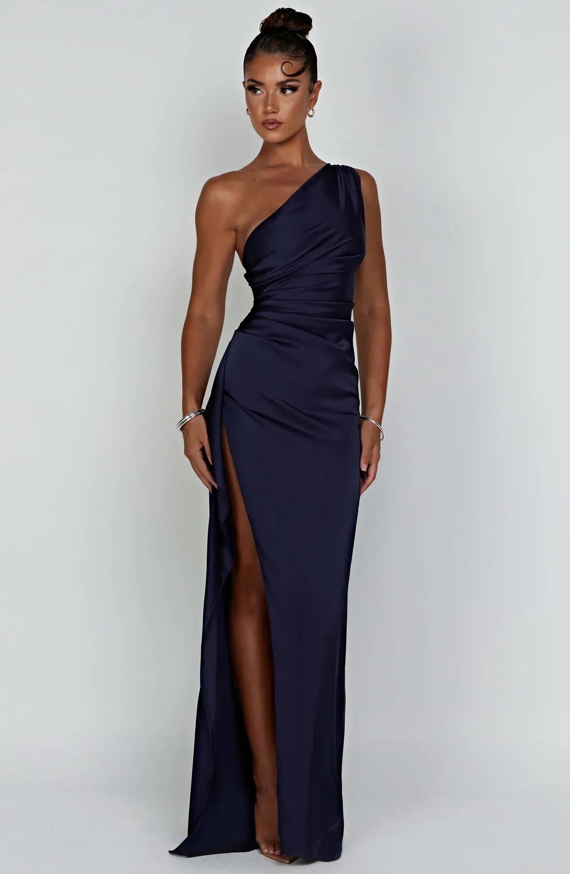 Amaris - One Shoulder Pleated Split Satin Dress For Women