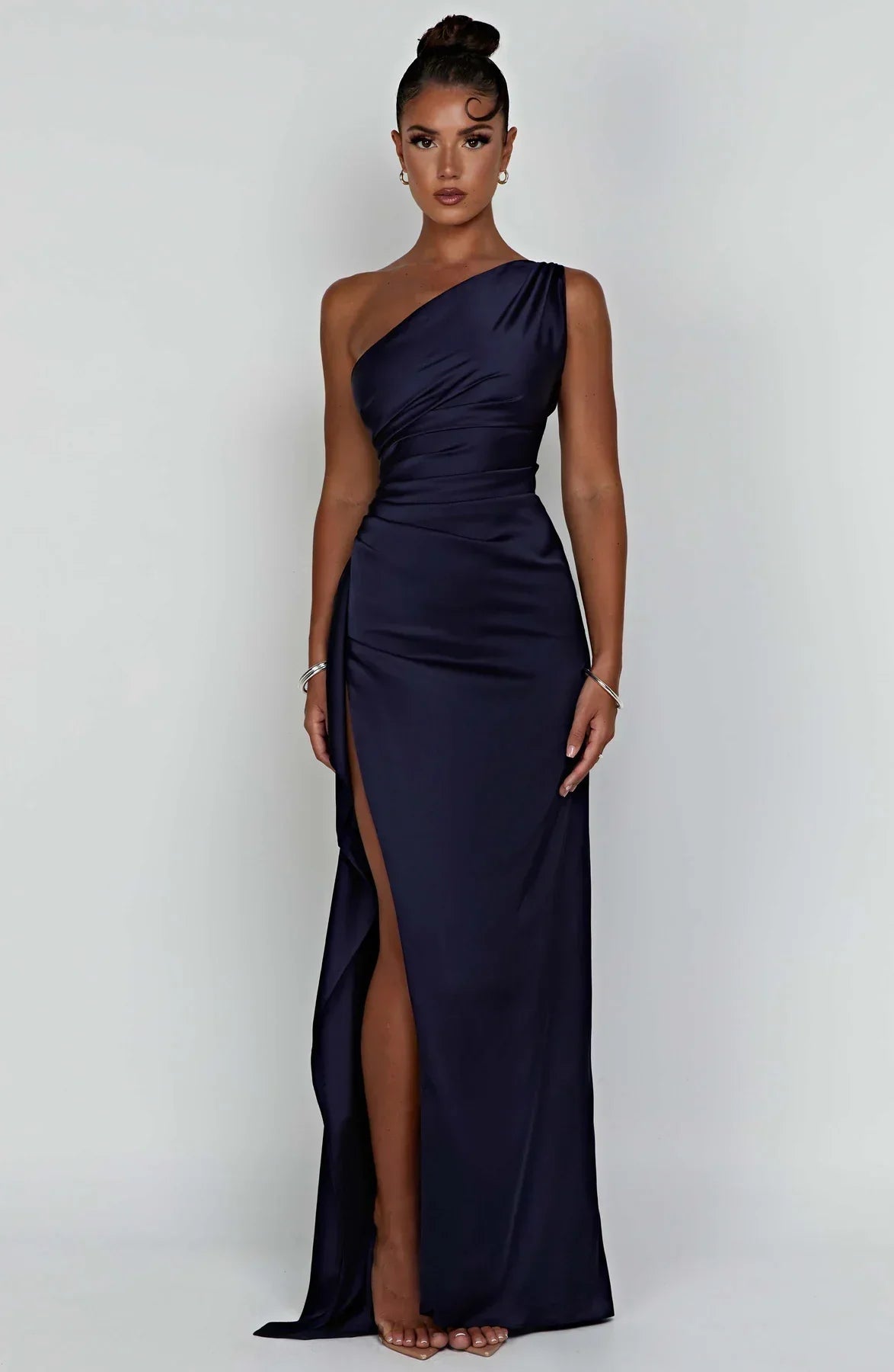 Amaris - One Shoulder Pleated Split Satin Dress For Women