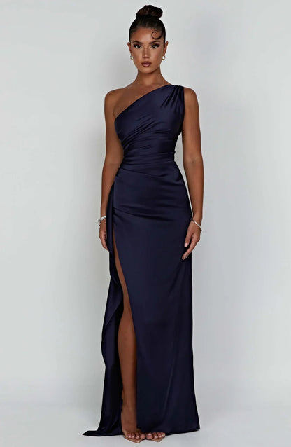 Amaris - One Shoulder Pleated Split Satin Dress For Women