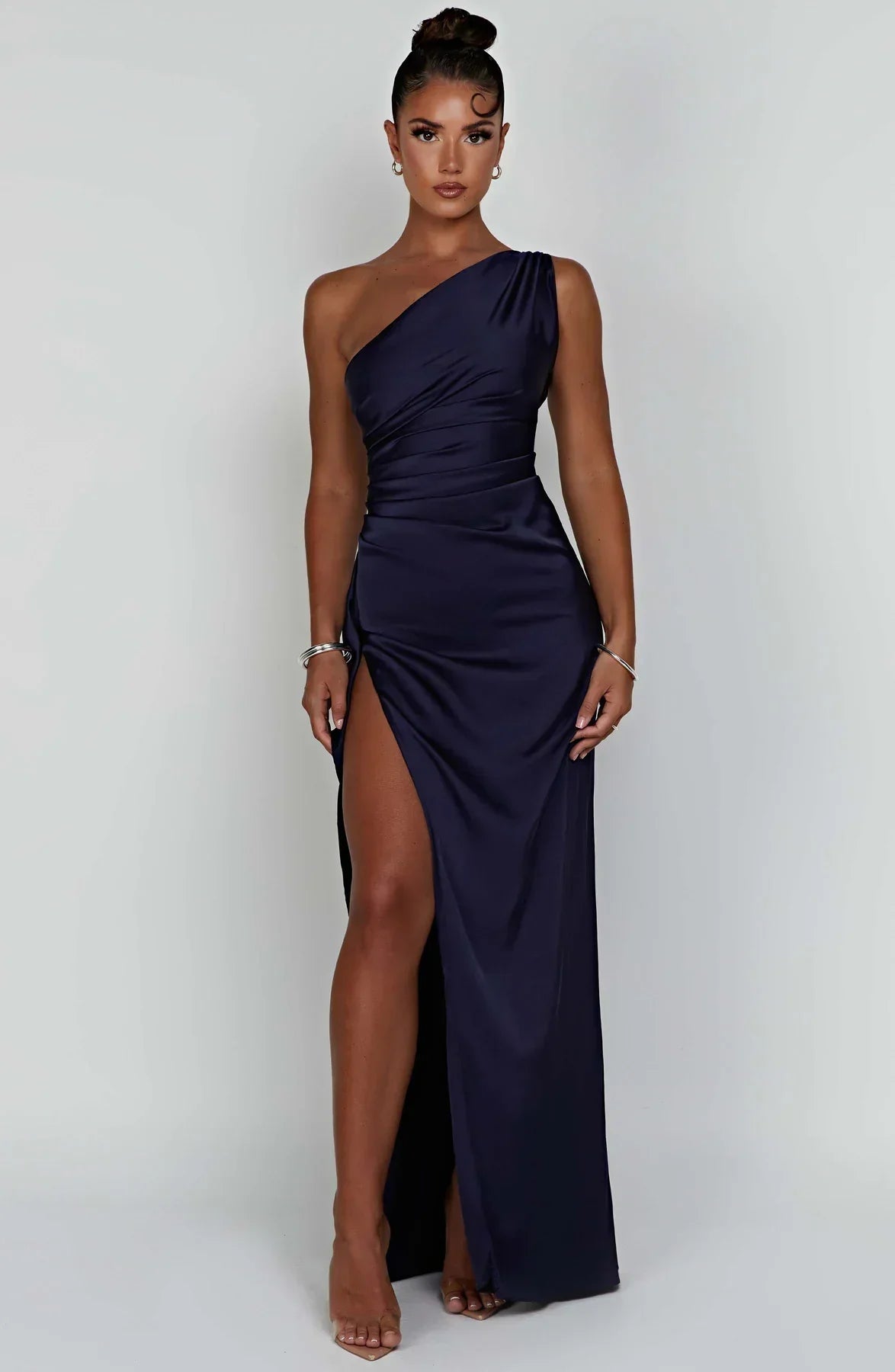 Amaris - One Shoulder Pleated Split Satin Dress For Women