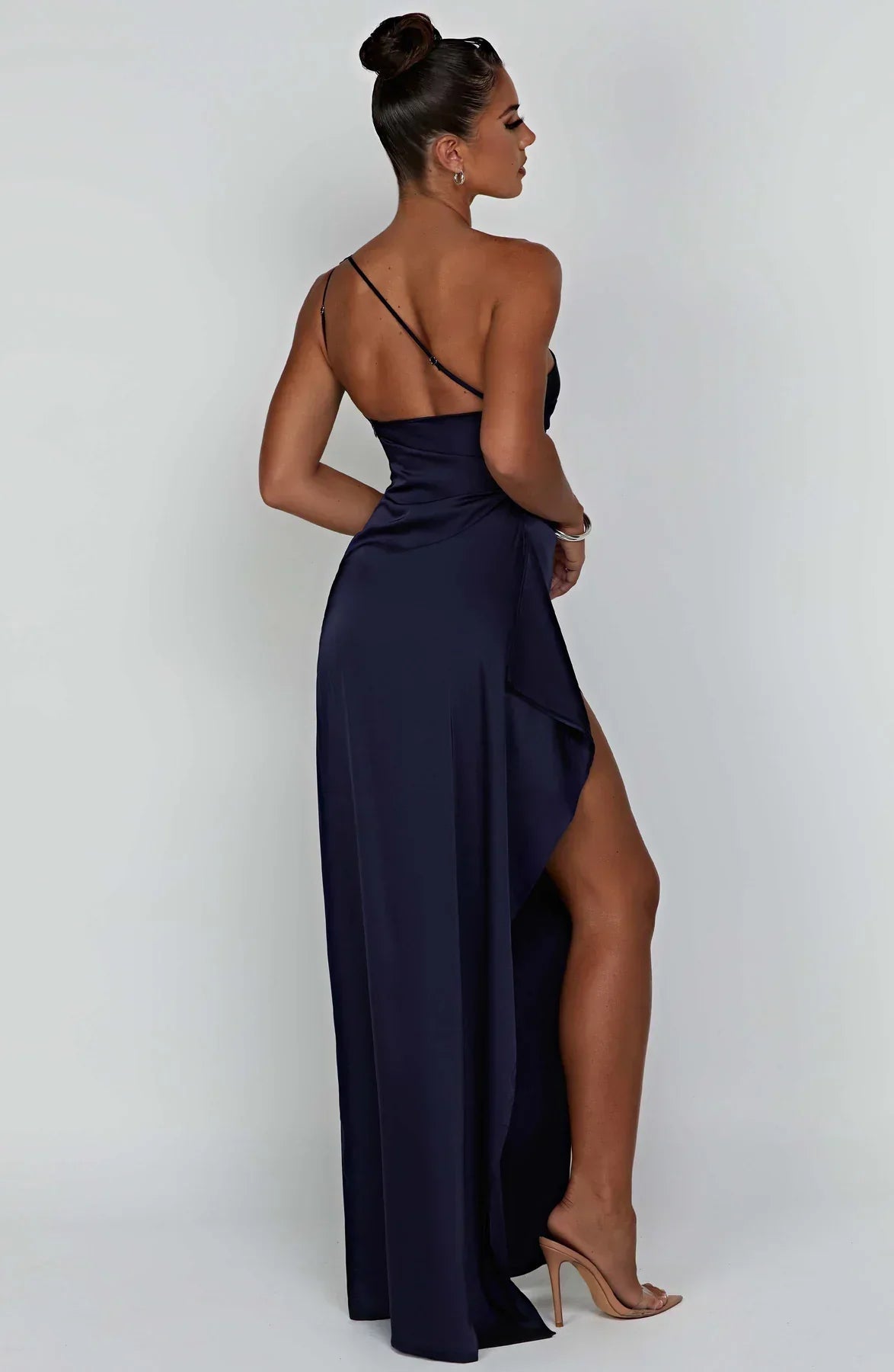 Amaris - One Shoulder Pleated Split Satin Dress For Women