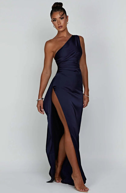 Amaris - One Shoulder Pleated Split Satin Dress For Women