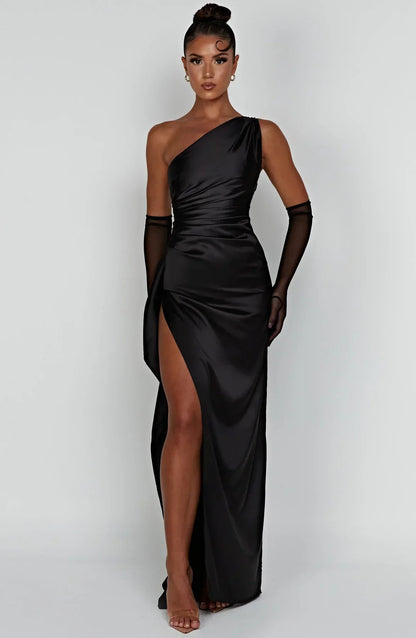 Amaris - One Shoulder Pleated Split Satin Dress For Women