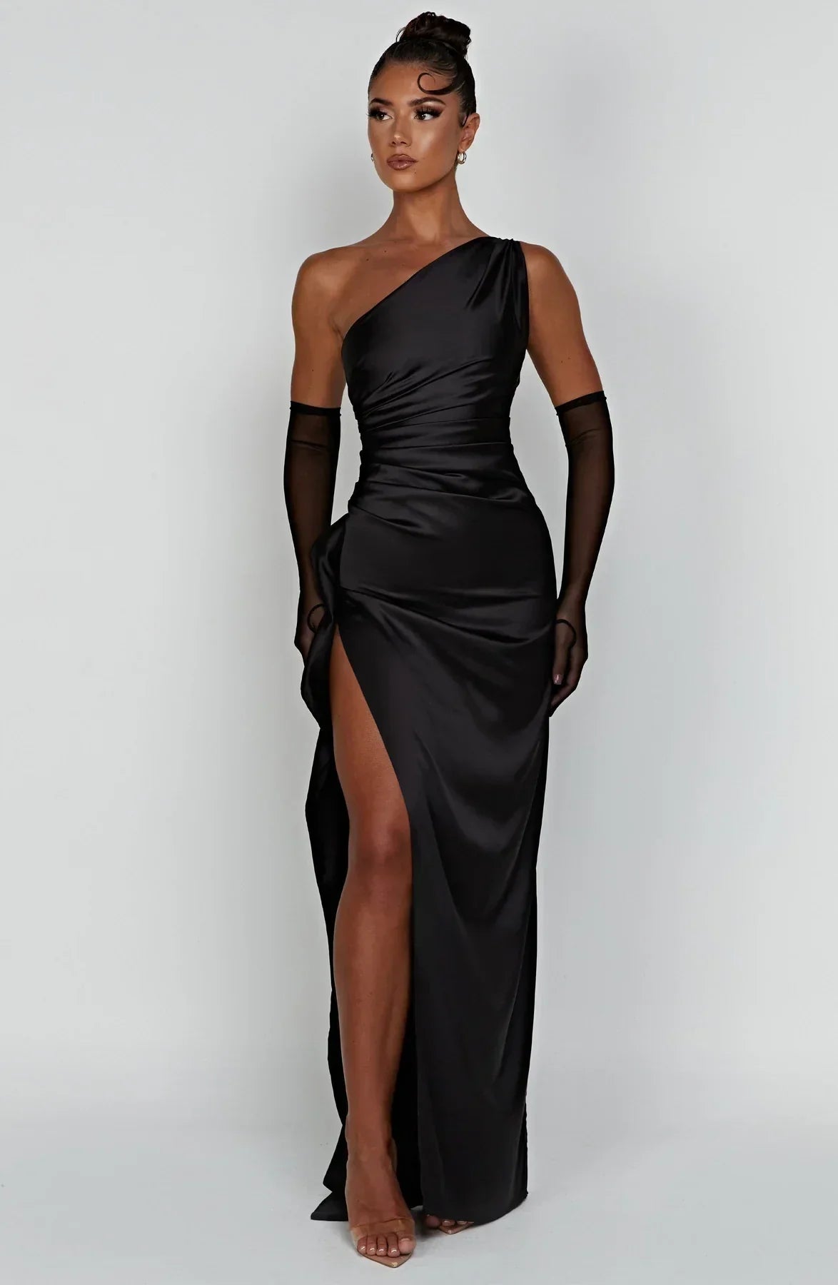 Amaris - One Shoulder Pleated Split Satin Dress For Women