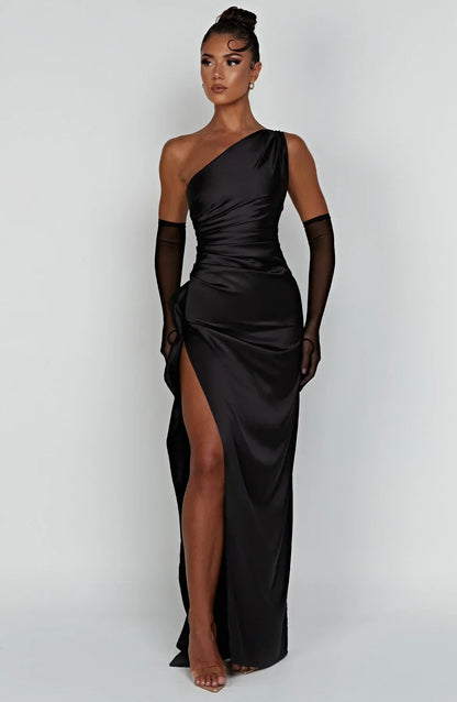 Amaris - One Shoulder Pleated Split Satin Dress For Women