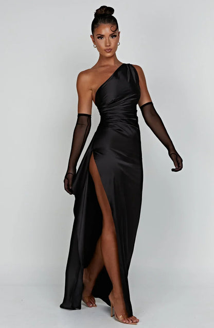 Amaris - One Shoulder Pleated Split Satin Dress For Women