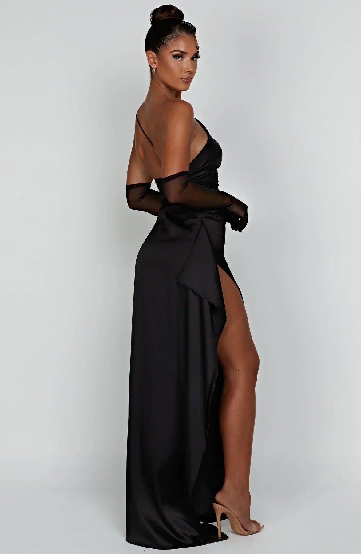 Amaris - One Shoulder Pleated Split Satin Dress For Women