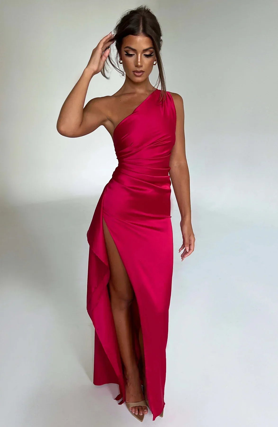 Amaris - One Shoulder Pleated Split Satin Dress For Women
