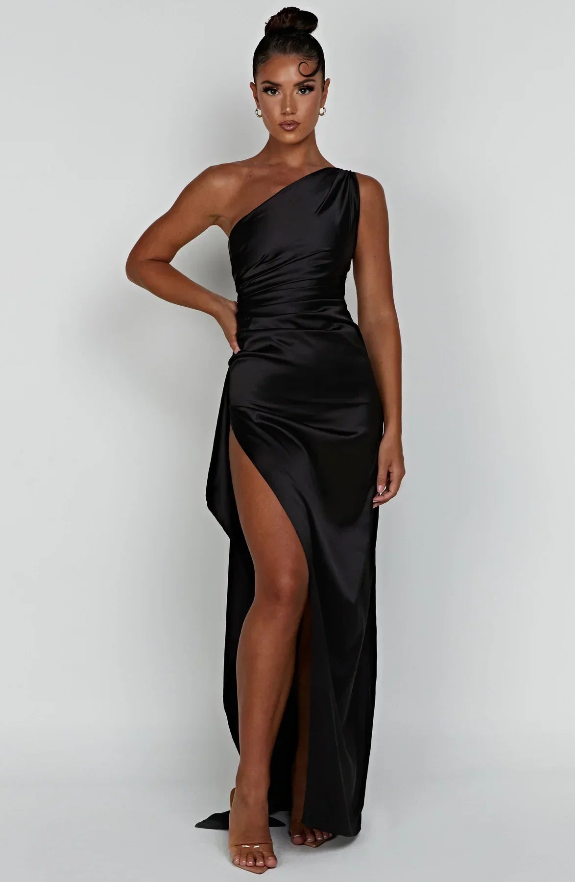 Amaris - One Shoulder Pleated Split Satin Dress For Women