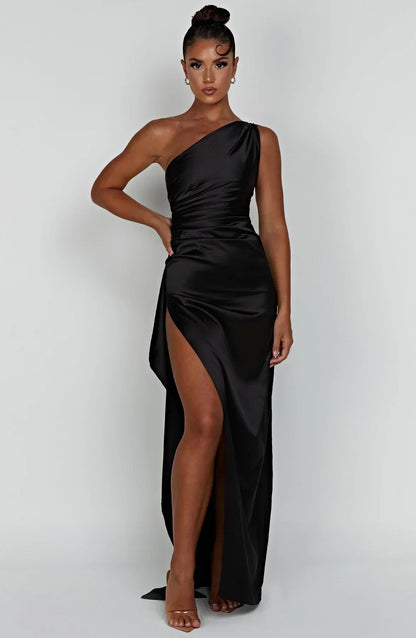 Amaris - One Shoulder Pleated Split Satin Dress For Women