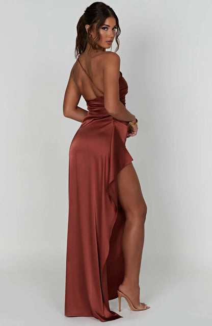 Amaris - One Shoulder Pleated Split Satin Dress For Women