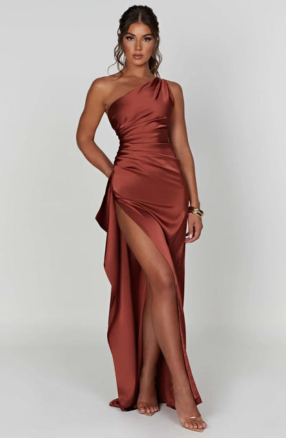 Amaris - One Shoulder Pleated Split Satin Dress For Women