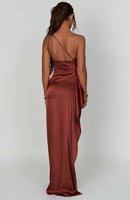 Amaris - One Shoulder Pleated Split Satin Dress For Women
