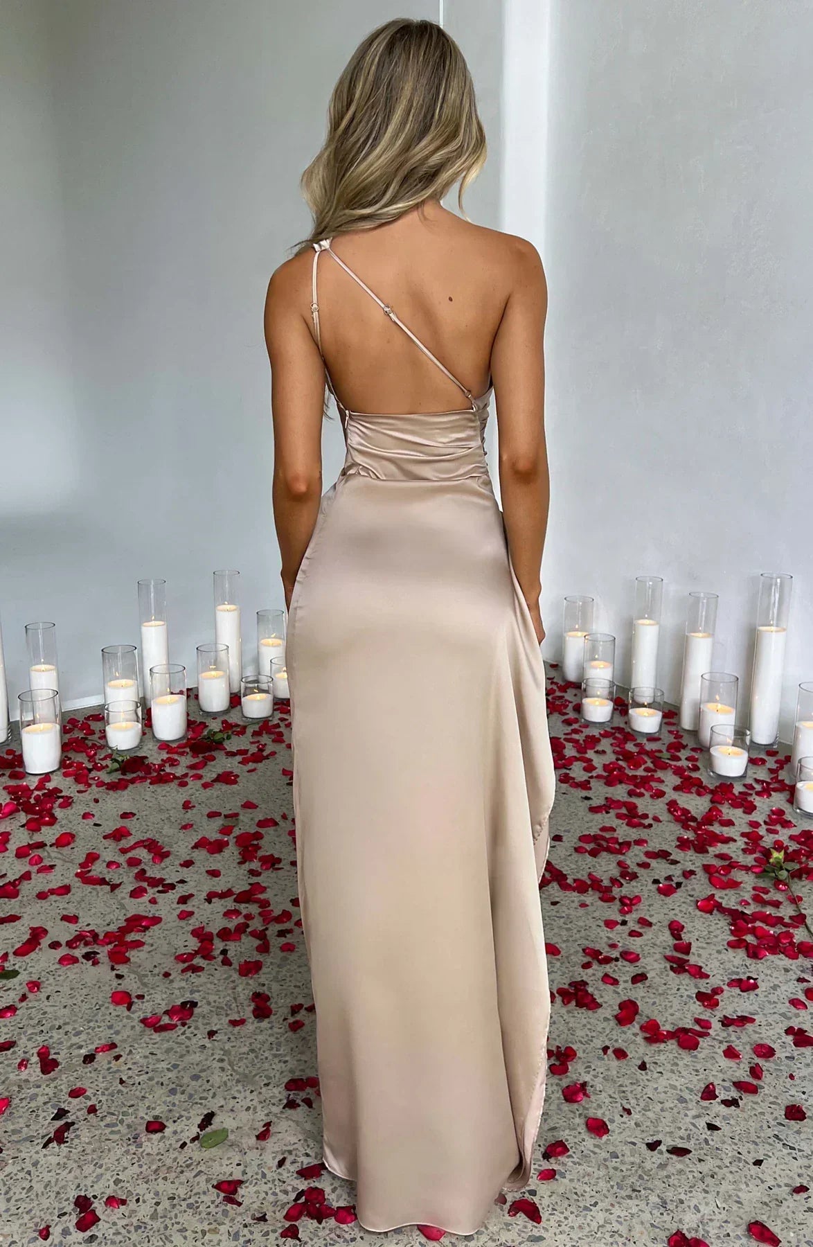 Amaris - One Shoulder Pleated Split Satin Dress For Women