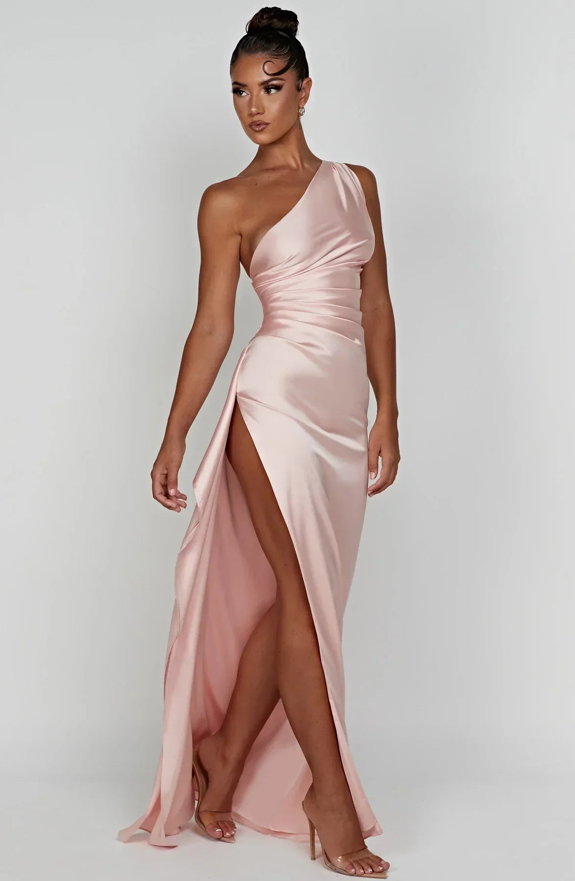 Amaris - One Shoulder Pleated Split Satin Dress For Women