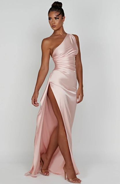 Amaris - One Shoulder Pleated Split Satin Dress For Women