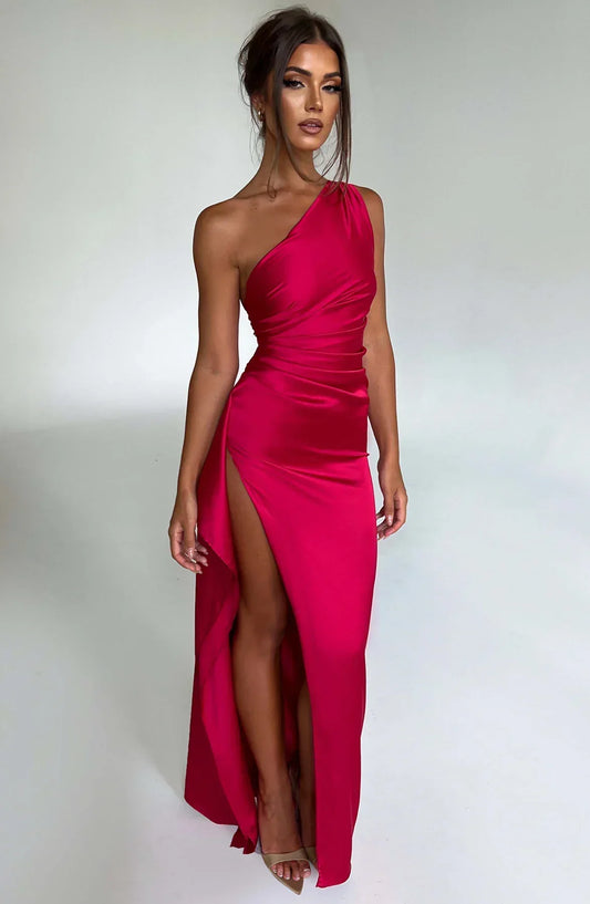 Amaris - One Shoulder Pleated Split Satin Dress For Women