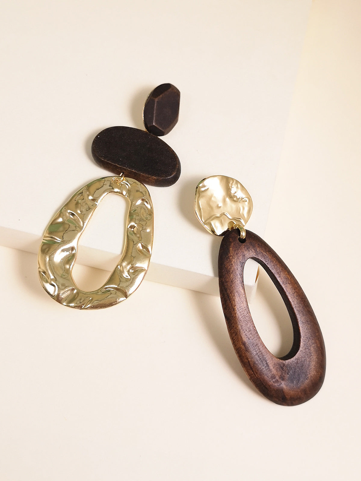Asymmetrical Wood & Metal Drop Earrings
