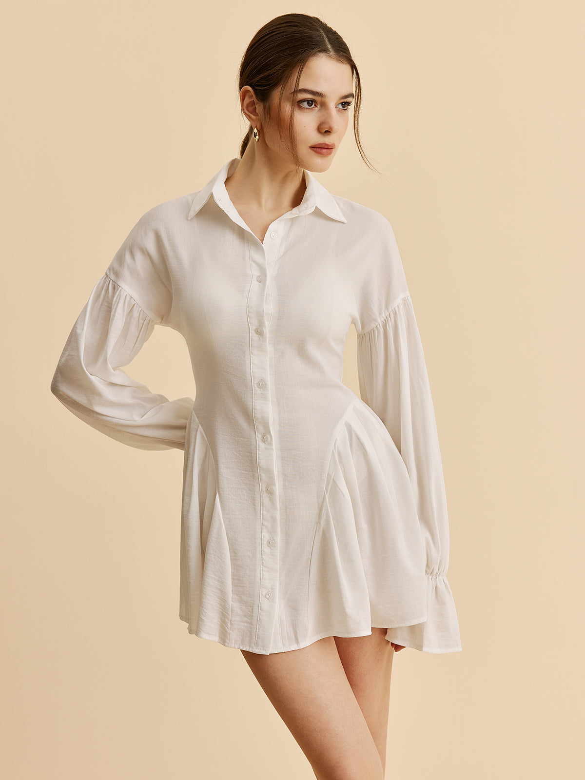 Balloon Sleeve Button-Up Shirt Dress