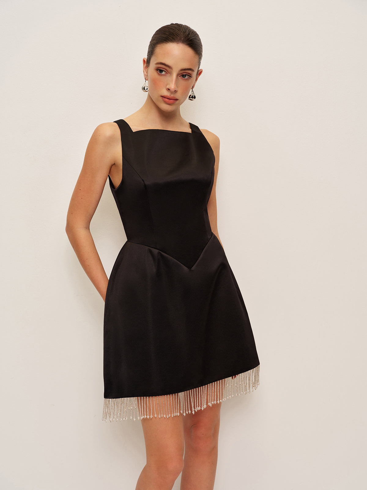 Beaded Fringe Satin V-Back Dress