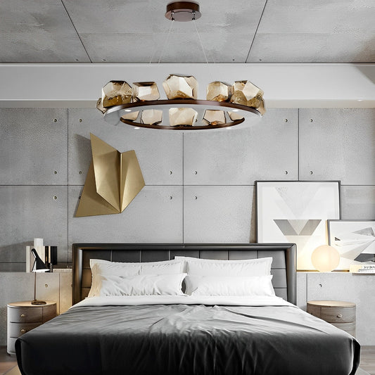 Lampadario moderno in vetro con 6 pietre irregolari color cognac a bolle esplosive